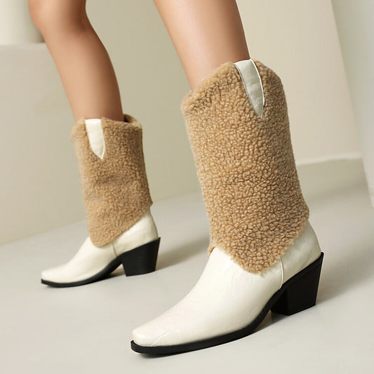 Women's Patchwork Pointed Toe Block Heel Mid Calf Western Boots