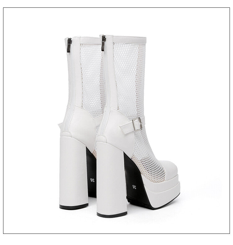 Women Square Toe Mesh Buckle Zipper Block Platform Mid Calf Boots