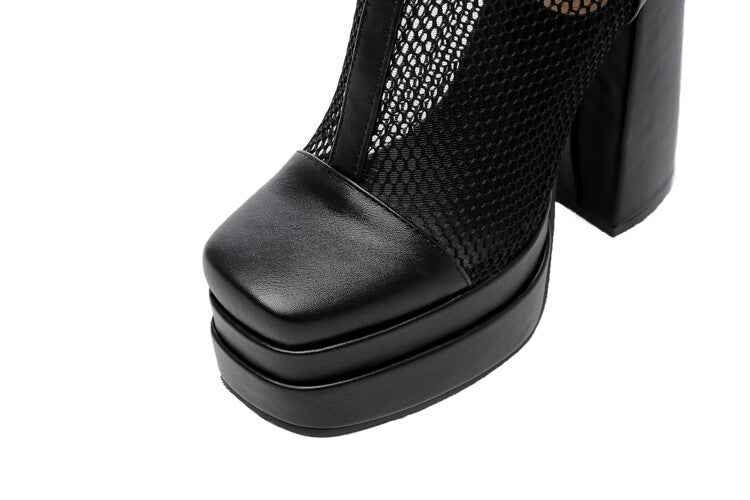 Women Square Toe Mesh Buckle Zipper Block Platform Mid Calf Boots