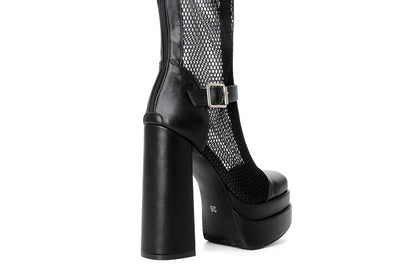 Women Square Toe Mesh Buckle Zipper Block Platform Mid Calf Boots