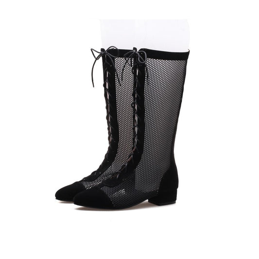 Women Pointed Toe Mesh Lace-Up Mid Calf Boots