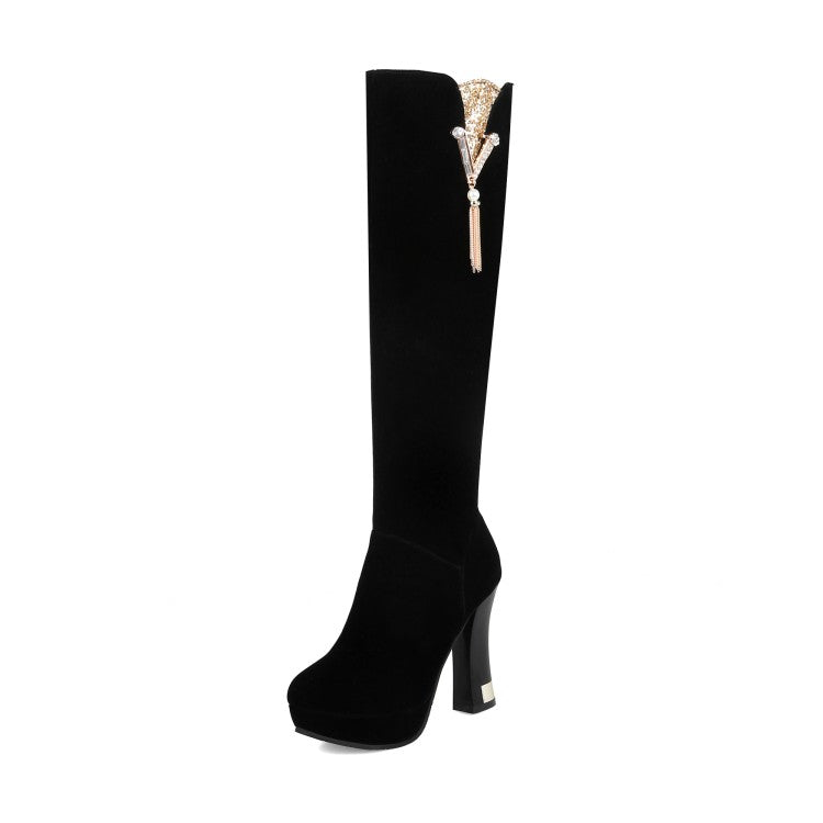 Women Flock Rhinestone Tassel Side Zippers Spool Heel Platform Knee High Boots