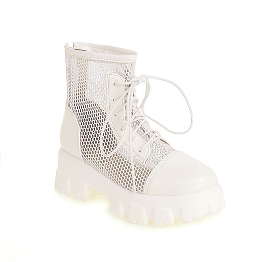 Women Mesh Lace Up Back Zippers Block Chunky Heel Platform Short Boots