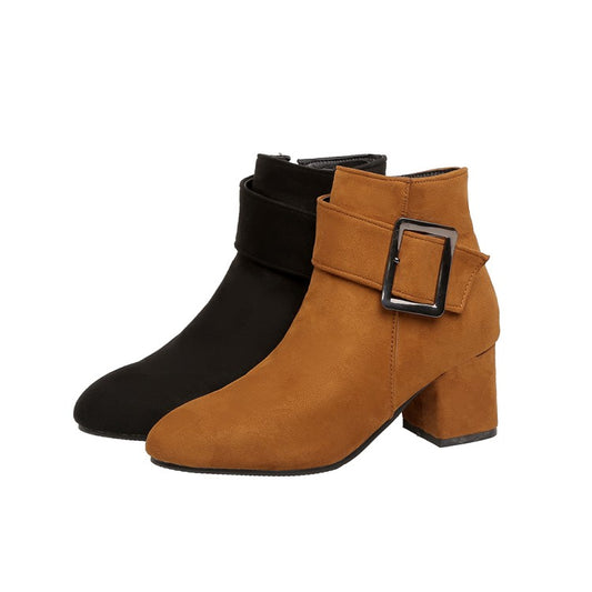 Women Flock Round Toe Buckle Straps Side Zippers Block Chunky Heel Short Boots