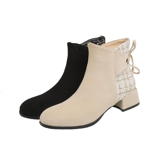 Women Flock Lattice Round Toe Side Zippers Block Chunky Heel Short Boots