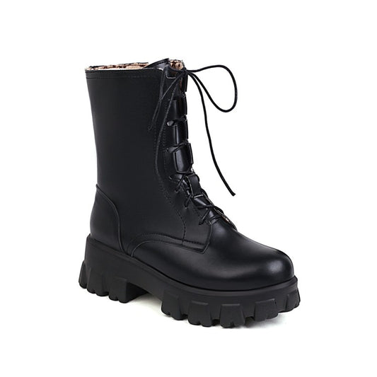 Women Round Toe Lace Up Side Zippers Block Chunky Heel Platform Short Boots