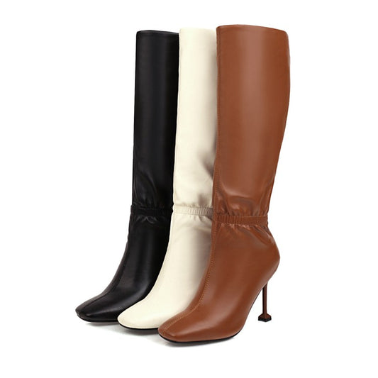 Women Square Toe Slouch Spool Heel Stiletto Heel Knee-High Boots