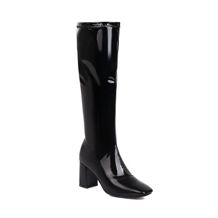 Women Square Toe Glossy Side Zippers Chunky Heel Knee-High Boots