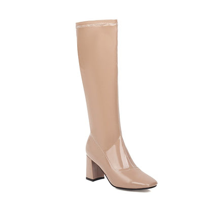 Women Square Toe Glossy Side Zippers Chunky Heel Knee-High Boots