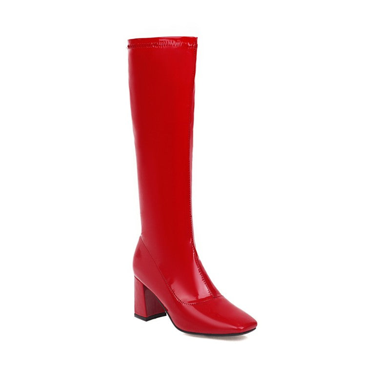 Women Square Toe Glossy Side Zippers Chunky Heel Knee-High Boots