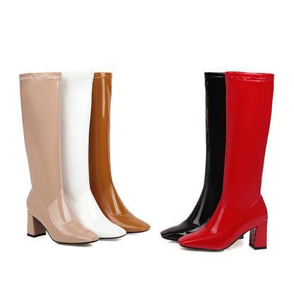 Women Square Toe Glossy Side Zippers Chunky Heel Knee-High Boots