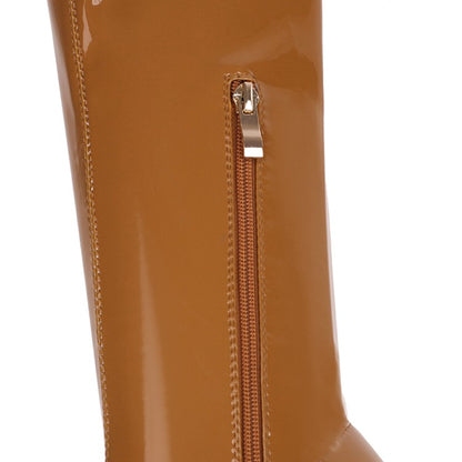 Women Square Toe Glossy Side Zippers Chunky Heel Knee-High Boots