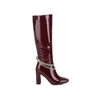 Women Glossy Metal Chains Side Zippers Chunky Heel Knee-High Boots