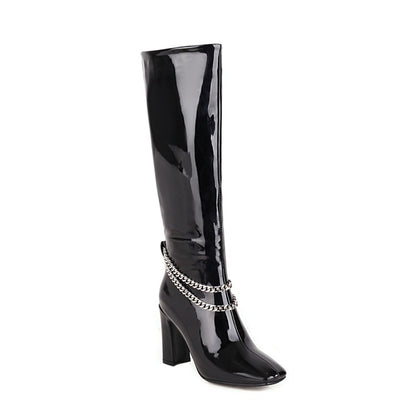 Women Glossy Metal Chains Side Zippers Chunky Heel Knee-High Boots