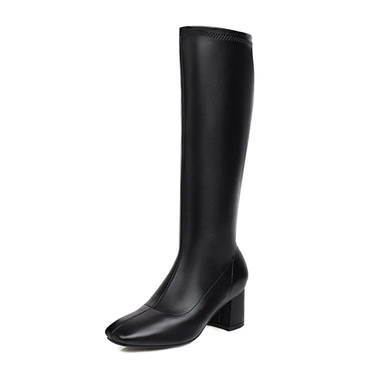 Women Glossy Side Zippers Chunky Heel Knee-High Boots