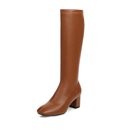 Women Glossy Side Zippers Chunky Heel Knee-High Boots