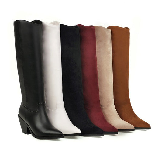 Women Pointed Toe Beveled Heel Knee-High Boots