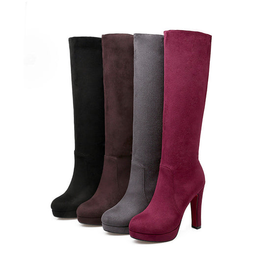 Women Side Zippers Round Toe Chunky Heel Platform Knee-High Boots