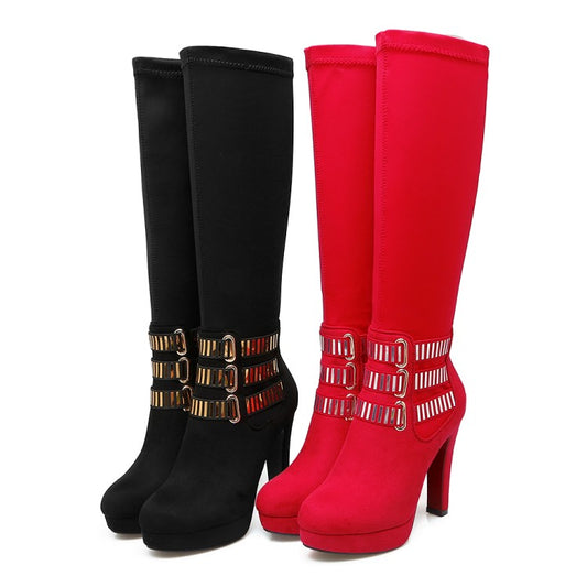 Women Glittery Sequins Chunky Heel Platform Knee-High Boots