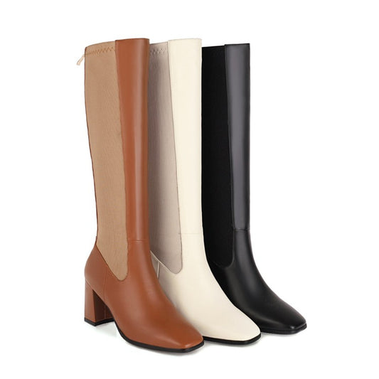 Women Bicolor Square Toe Zippers Chunky Heel Knee-High Boots