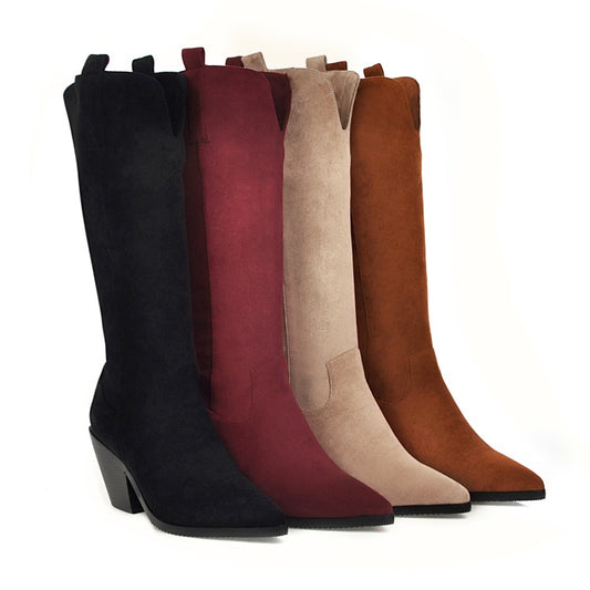 Women Pointed Toe Beveled Heel Knee-High Boots