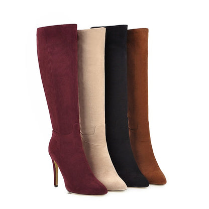 Women Pointed Toe Side Zippers Stiletto Heel Knee-High Boots