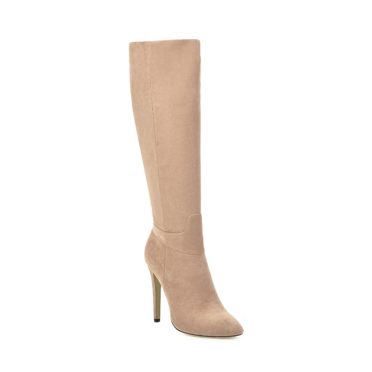 Women Pointed Toe Side Zippers Stiletto Heel Knee-High Boots