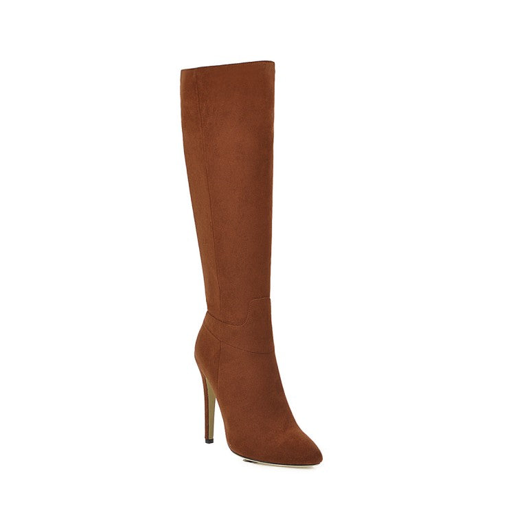 Women Pointed Toe Side Zippers Stiletto Heel Knee-High Boots