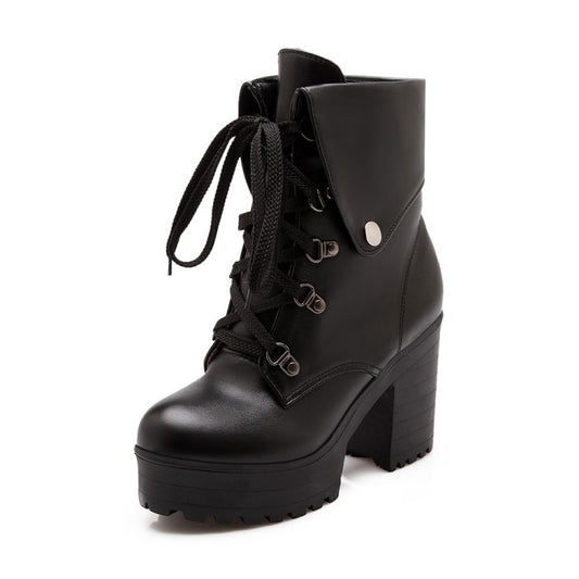 Women Round Toe Rivets Lace-Up Block Chunky Heel Platform Short Boots