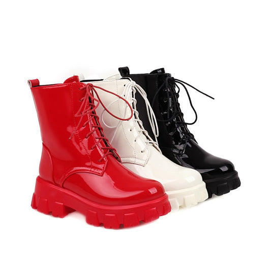 Women Glossy Round Toe Lace-Up Side Zippers Block Chunky Heel Platform Short Boots