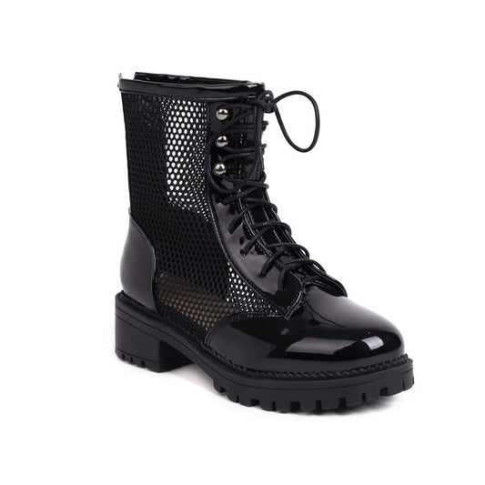 Women Round Toe Mesh Lace-Up Block Chunky Heel Platform Short Boots