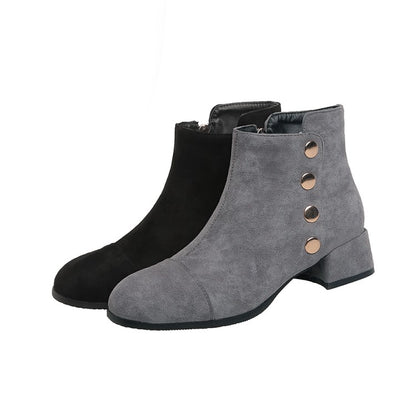 Women Flock Round Toe Rivets Block Chunky Heel Short Boots