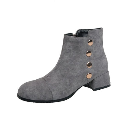 Women Flock Round Toe Rivets Block Chunky Heel Short Boots