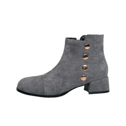 Women Flock Round Toe Rivets Block Chunky Heel Short Boots