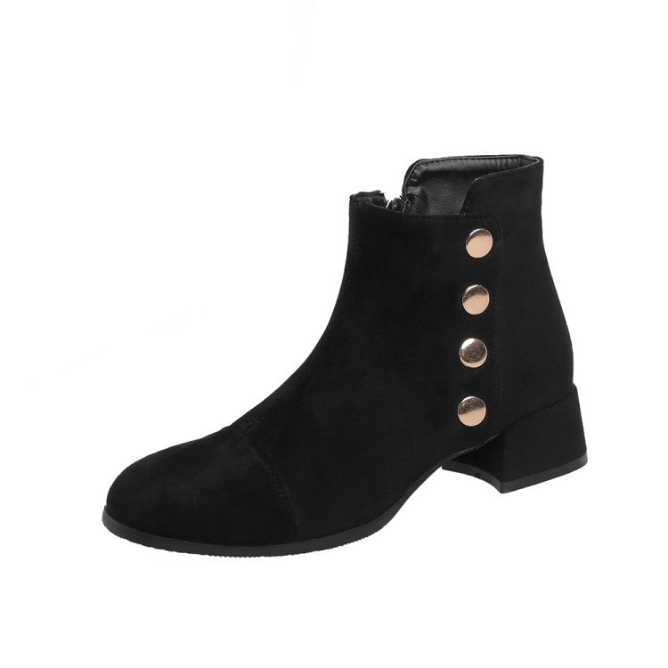 Women Flock Round Toe Rivets Block Chunky Heel Short Boots