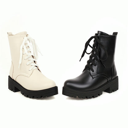 Women Round Toe Lace-Up Side Zippers Block Chunky Heel Platform Short Boots