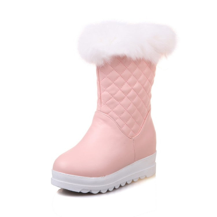 Women Round Toe Tied Straps Pearls Flat Platform Mid-Calf Boots