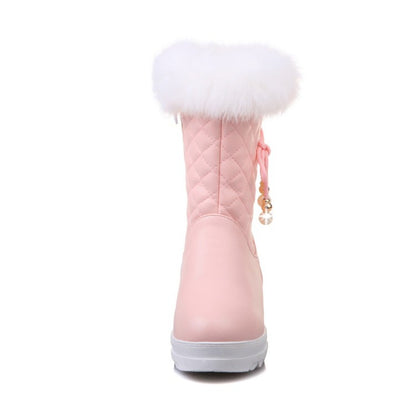 Women Round Toe Tied Straps Pearls Flat Platform Mid-Calf Boots