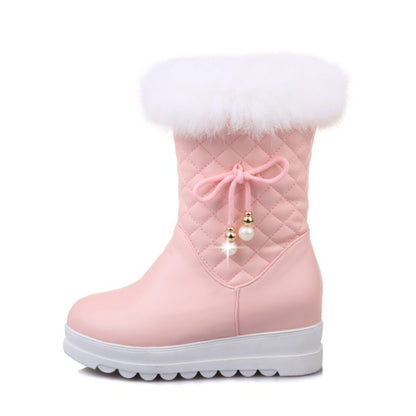 Women Round Toe Tied Straps Pearls Flat Platform Mid-Calf Boots