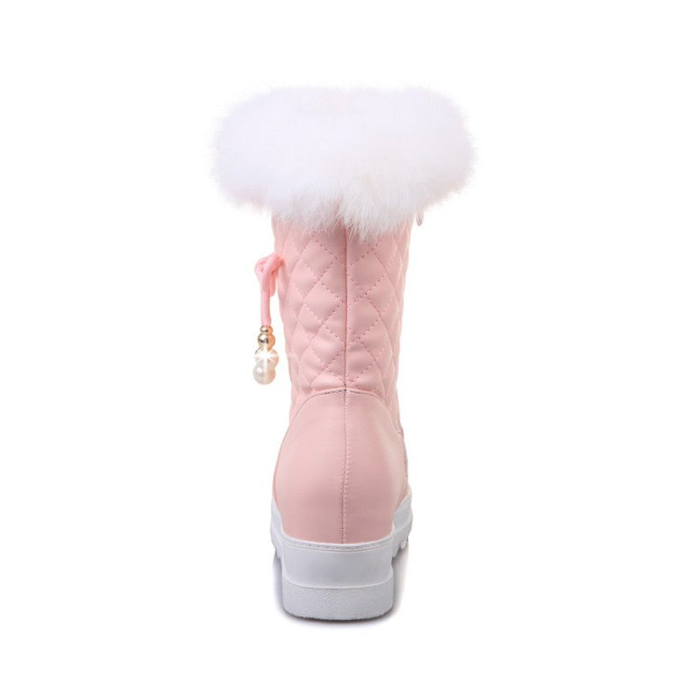 Women Round Toe Tied Straps Pearls Flat Platform Mid-Calf Boots