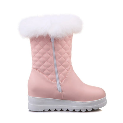 Women Round Toe Tied Straps Pearls Flat Platform Mid-Calf Boots