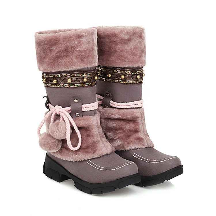 Women Flock Round Toe Rivets Tied Straps Furry Ball Block Chunky Heel Platform Mid-Calf Boots