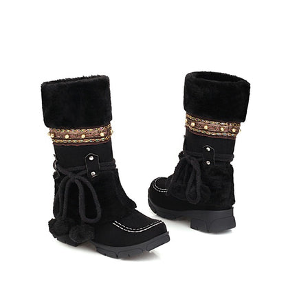 Women Flock Round Toe Rivets Tied Straps Furry Ball Block Chunky Heel Platform Mid-Calf Boots