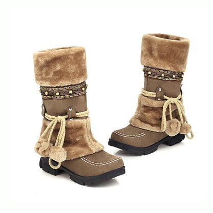 Women Flock Round Toe Rivets Tied Straps Furry Ball Block Chunky Heel Platform Mid-Calf Boots