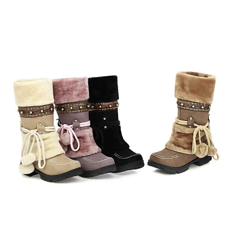 Women Flock Round Toe Rivets Tied Straps Furry Ball Block Chunky Heel Platform Mid-Calf Boots