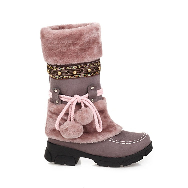 Women Flock Round Toe Rivets Tied Straps Furry Ball Block Chunky Heel Platform Mid-Calf Boots