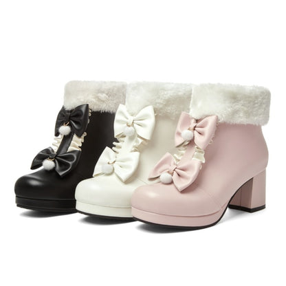 Women Booties Lolita Round Toe Bows Block Chunky Heel Platform Ankle Boots