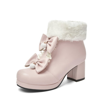 Women Booties Lolita Round Toe Bows Block Chunky Heel Platform Ankle Boots