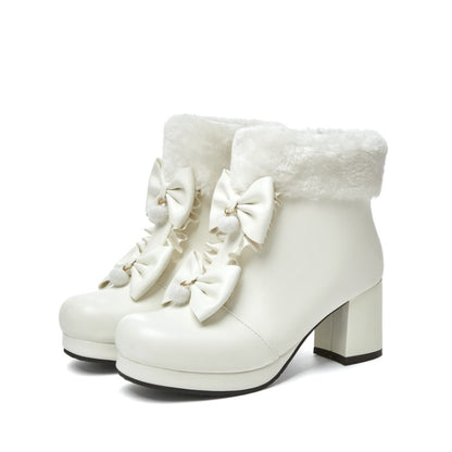 Women Booties Lolita Round Toe Bows Block Chunky Heel Platform Ankle Boots