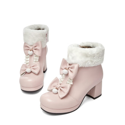 Women Booties Lolita Round Toe Bows Block Chunky Heel Platform Ankle Boots